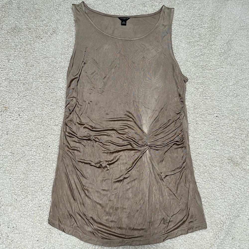 Ann Taylor shimmery tan sleeveless top scrunched gathered front side detail